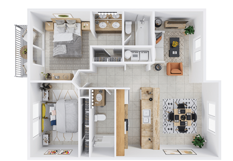 Floor plan for 2 beds, 2 baths, 972 sqft